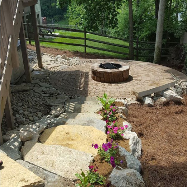 Circle Paver Patio with Fire Pit and Stone Bench