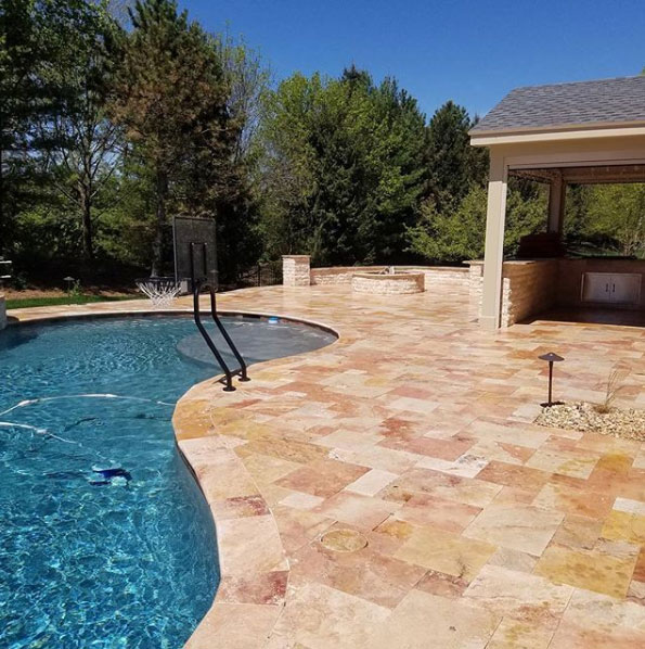 Antique Gold Travertine Pool Deck with Walnut Travertine Bar and Fire Pit